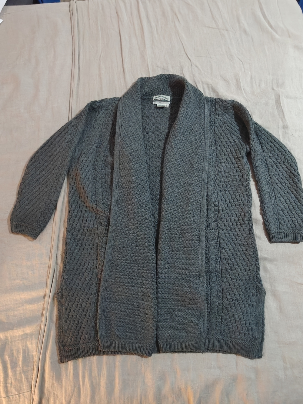 Aran Crafts Cardigan Sweater Women Large Teal Irish Knit Merino Wool Open Long